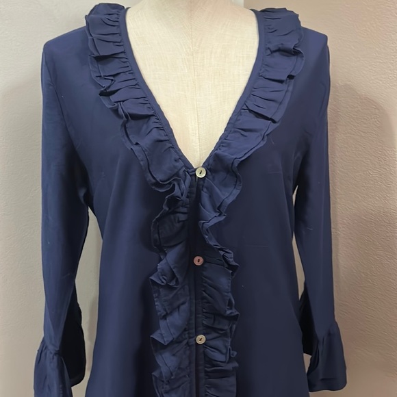 ELIZABETH Hurley Cotton Beach Navy Beach Cover Ruffle Neck and Sleeve size M - Picture 2 of 11
